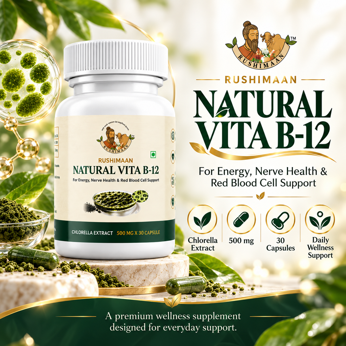 Rushimaan Natural Vita B-12 – Chlorella Extract 500mg – 30 Capsules