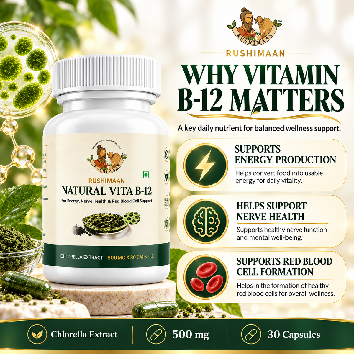 Rushimaan Natural Vita B-12 Capsules 500 mg | Chlorella Extract | 30 Capsules