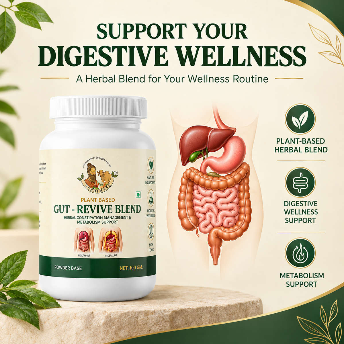 Rushimaan Gut-Revive Blend – Plant Based Herbal Powder 100g
