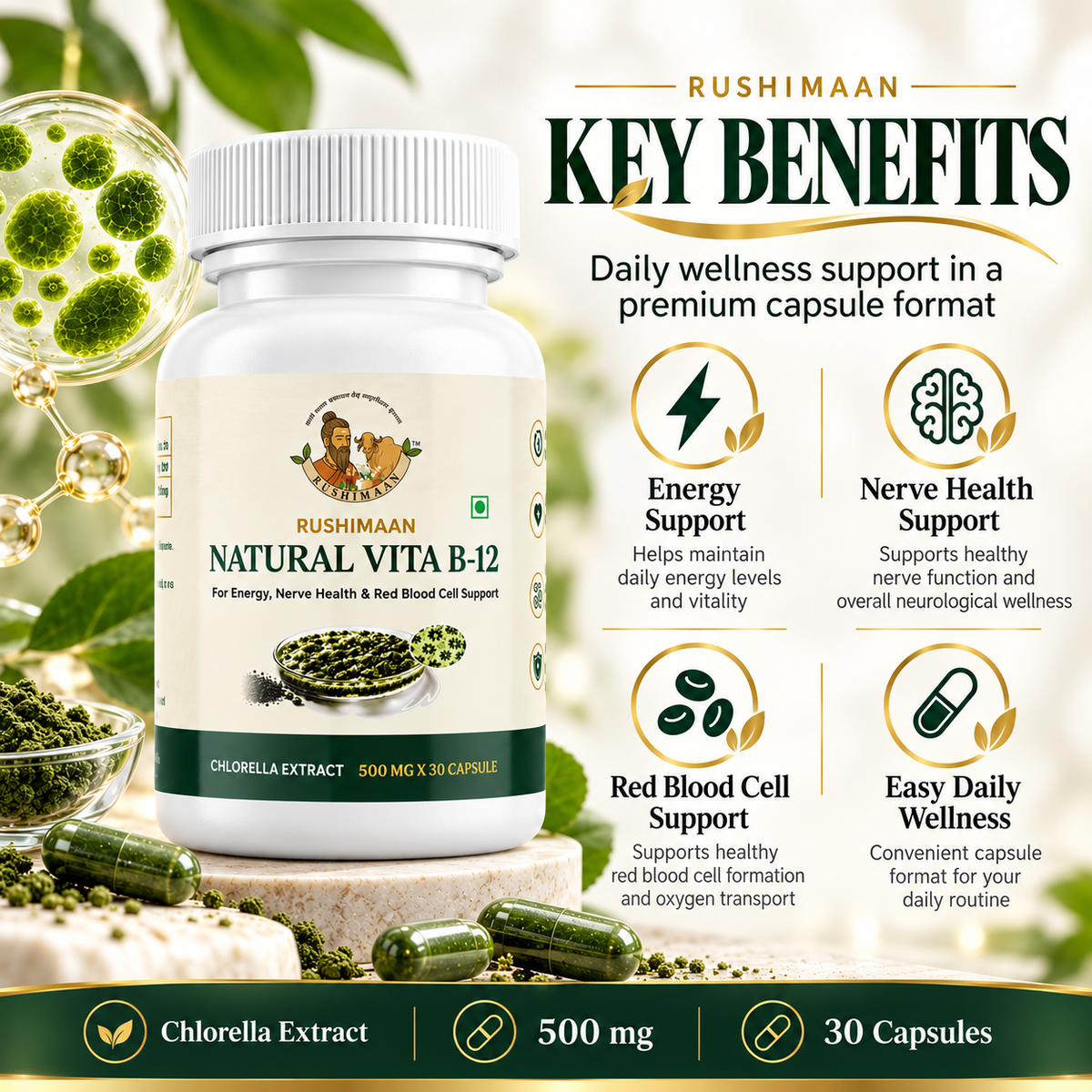 Rushimaan Natural Vita B-12 Capsules 500 mg | Chlorella Extract | 30 Capsules