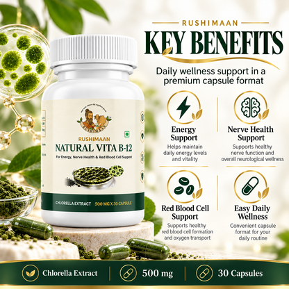 Rushimaan Natural Vita B-12 Capsules 500 mg | Chlorella Extract | 30 Capsules