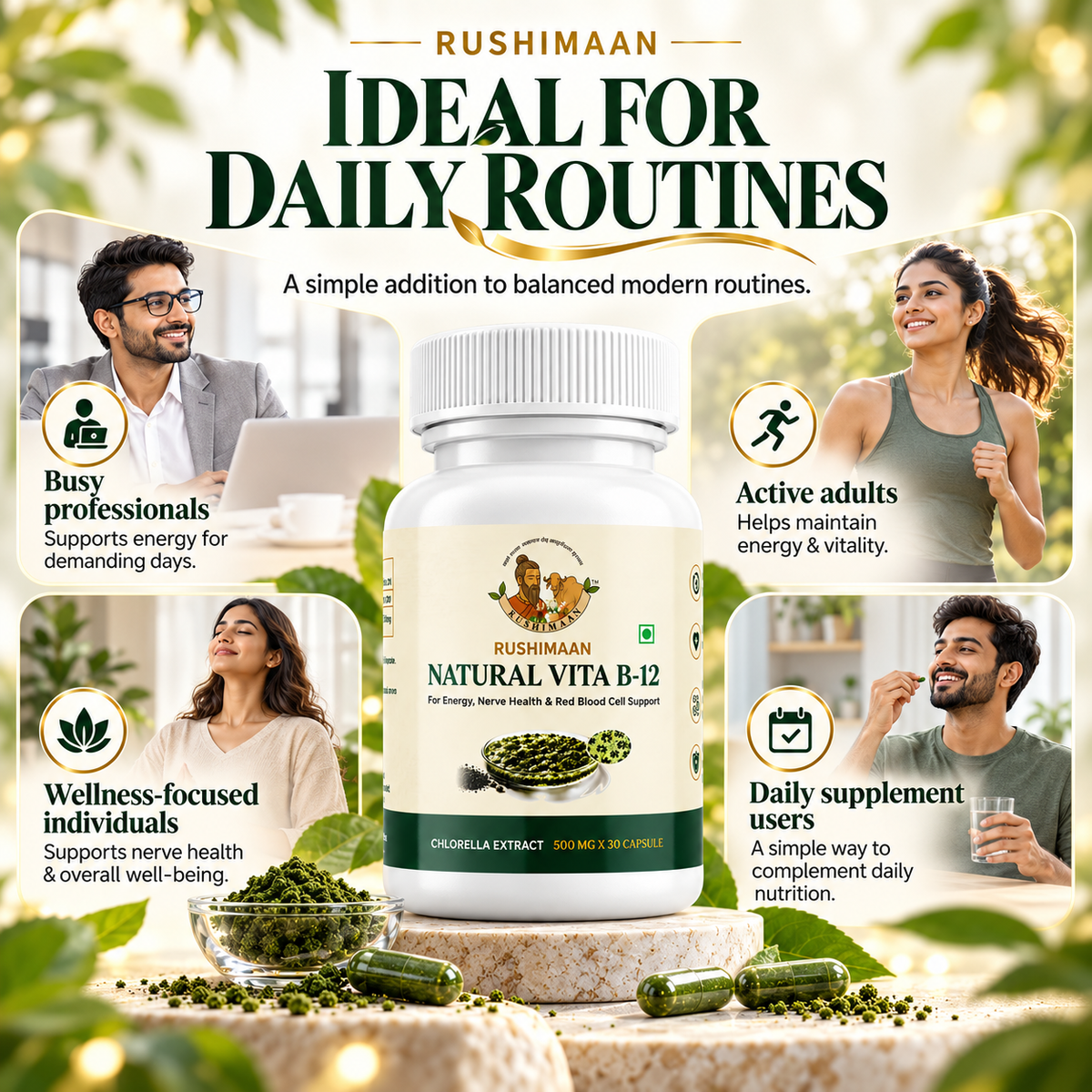 Rushimaan Natural Vita B-12 Capsules 500 mg | Chlorella Extract | 30 Capsules