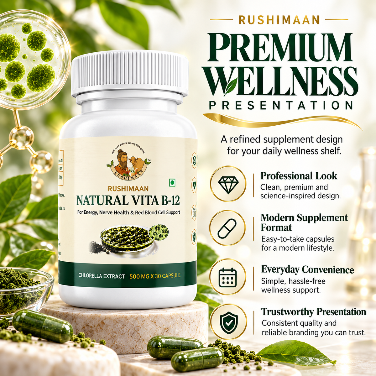 Rushimaan Natural Vita B-12 Capsules 500 mg | Chlorella Extract | 30 Capsules