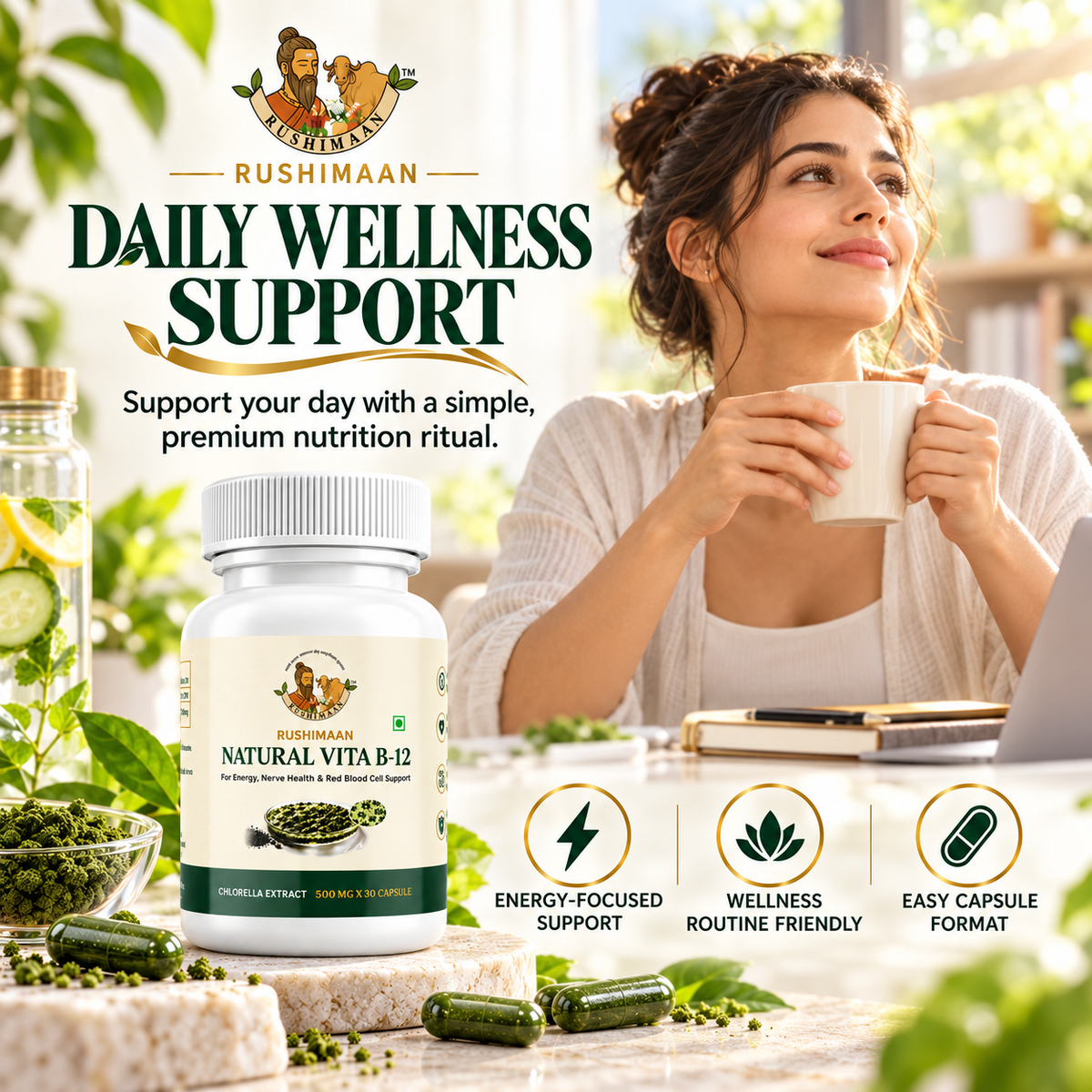 Rushimaan Natural Vita B-12 Capsules 500 mg | Chlorella Extract | 30 Capsules