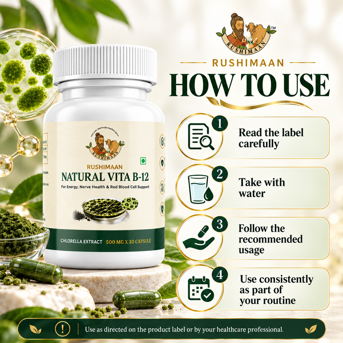 Rushimaan Natural Vita B-12 Capsules 500 mg | Chlorella Extract | 30 Capsules