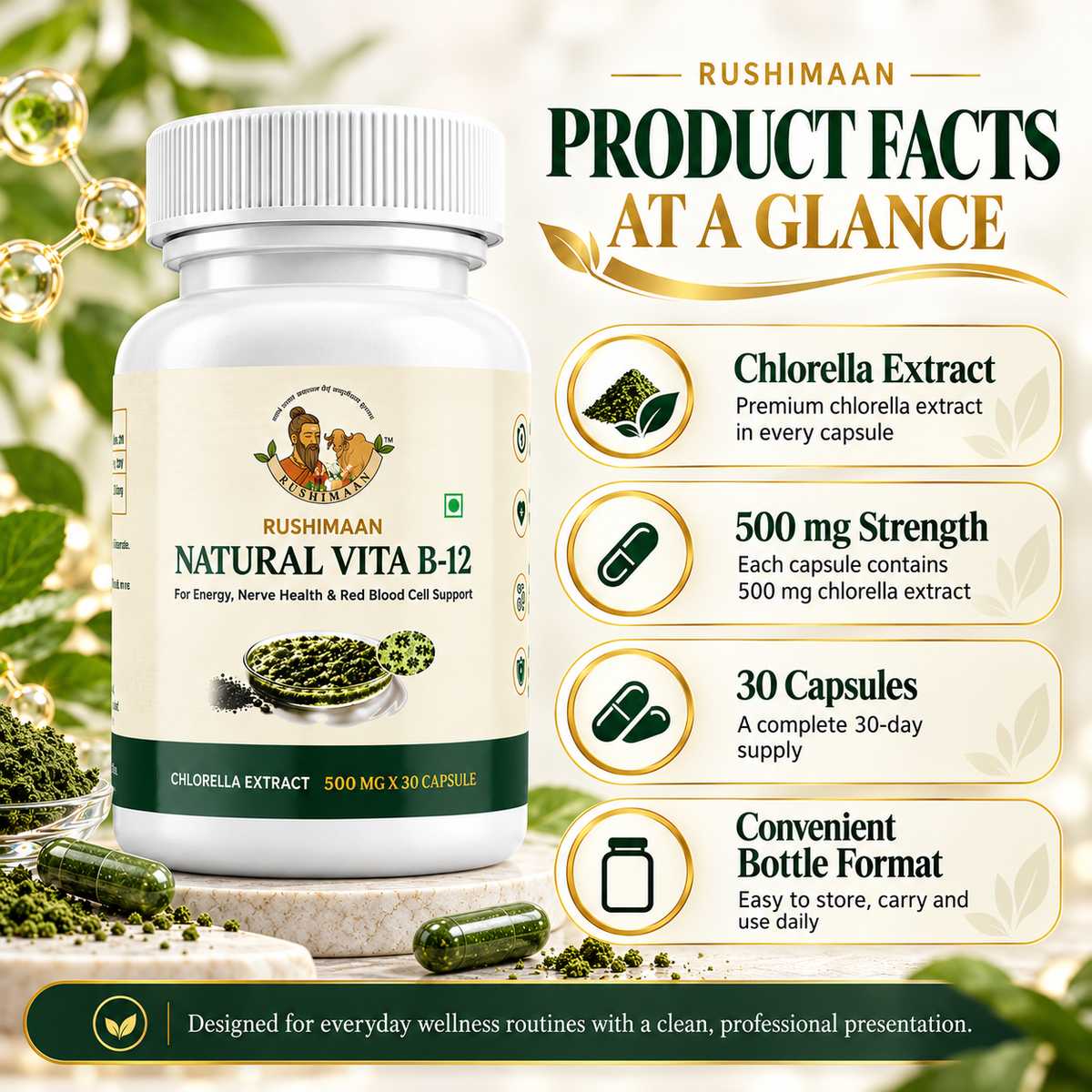 Rushimaan Natural Vita B-12 Capsules 500 mg | Chlorella Extract | 30 Capsules