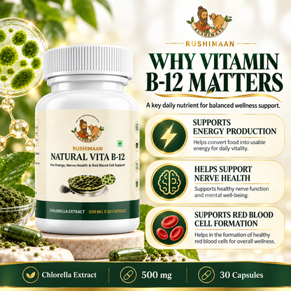 Rushimaan Natural Vita B-12 Capsules 500 mg | Chlorella Extract | 30 Capsules