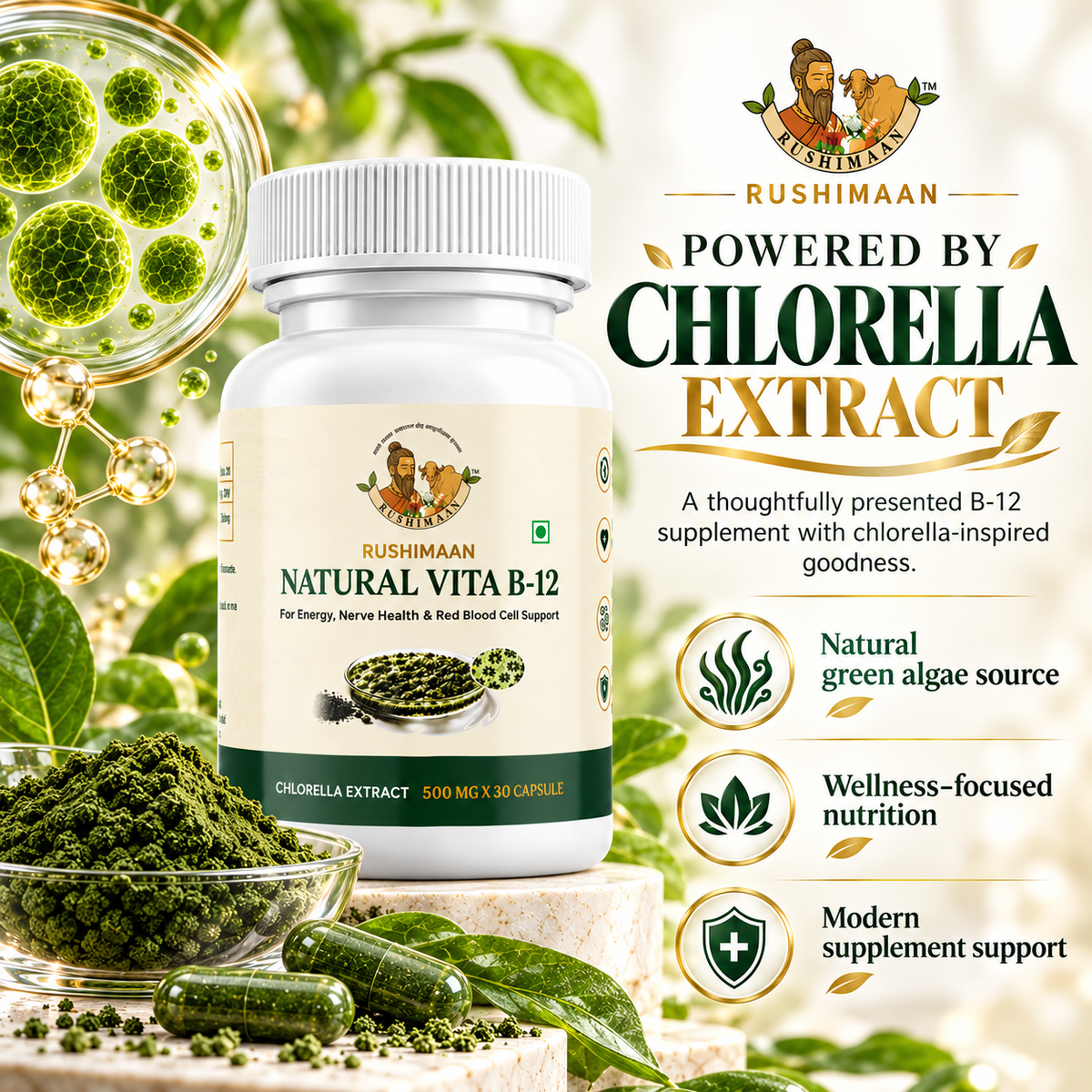 Rushimaan Natural Vita B-12 Capsules 500 mg | Chlorella Extract | 30 Capsules