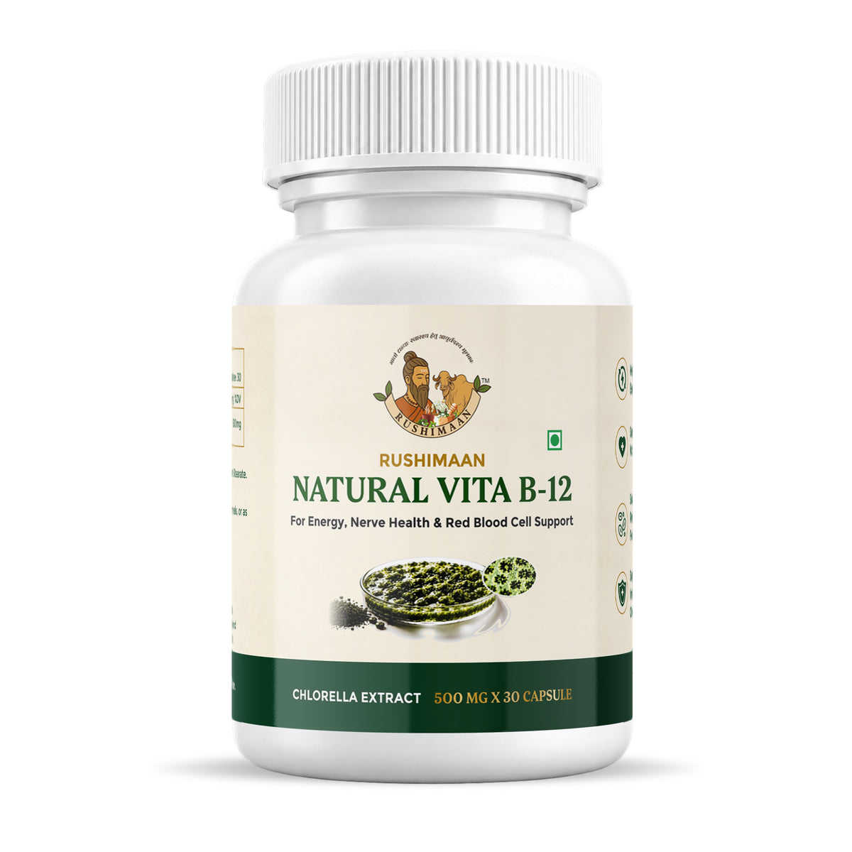 Rushimaan Natural Vita B-12 Capsules 500 mg | Chlorella Extract | 30 Capsules
